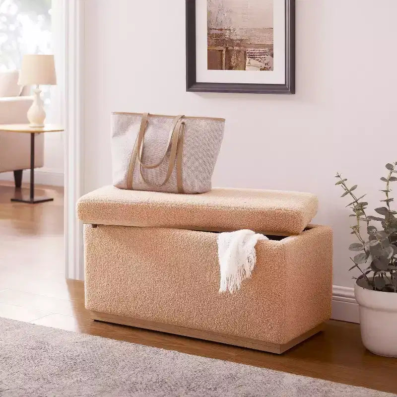 Puf otomano rectangular con cojín acolchado extraíble, 81 cm de ancho, soporta 90 kg, marco de madera natural