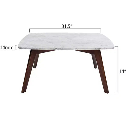 Mesa de centro cuadrada de mármol blanco Carrara italiano de 31" con patas de madera de olmo de mediados de siglo