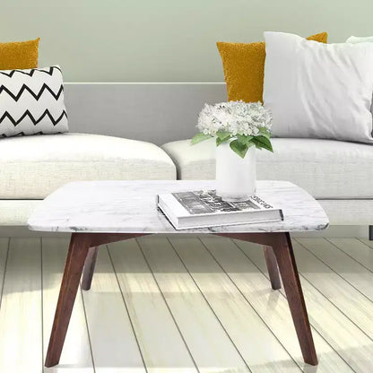 Mesa de centro cuadrada de mármol blanco Carrara italiano de 31" con patas de madera de olmo de mediados de siglo