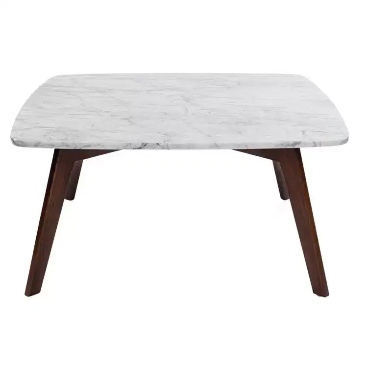 Mesa de centro cuadrada de mármol blanco Carrara italiano de 31" con patas de madera de olmo de mediados de siglo