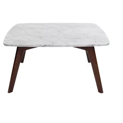 Mesa de centro cuadrada de mármol blanco Carrara italiano de 31" con patas de madera de olmo de mediados de siglo