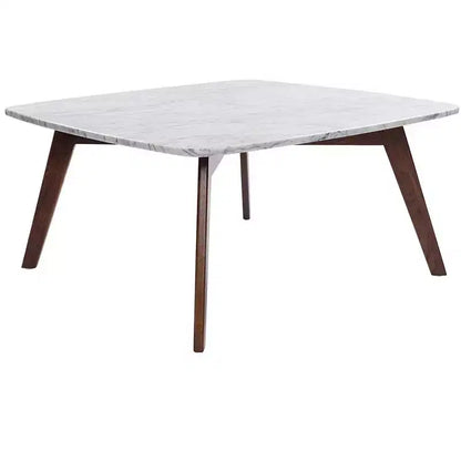 Mesa de centro cuadrada de mármol blanco Carrara italiano de 31" con patas de madera de olmo de mediados de siglo