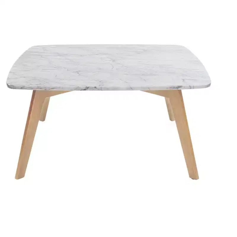 Mesa de centro cuadrada de mármol blanco Carrara italiano de 31" con patas de madera de olmo de mediados de siglo