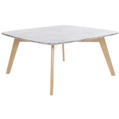 Mesa de centro cuadrada de mármol blanco Carrara italiano de 31" con patas de madera de olmo de mediados de siglo