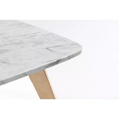 Mesa de centro cuadrada de mármol blanco Carrara italiano de 31" con patas de madera de olmo de mediados de siglo