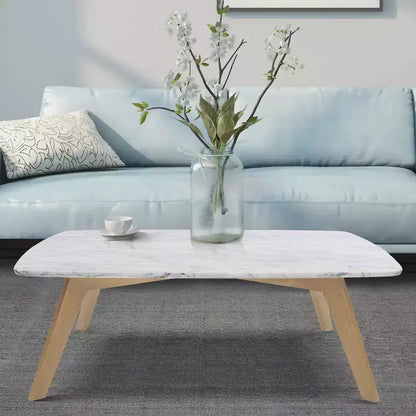 Mesa de centro cuadrada de mármol blanco Carrara italiano de 31" con patas de madera de olmo de mediados de siglo