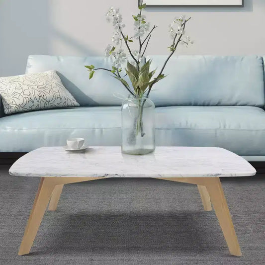 Mesa de centro cuadrada de mármol blanco Carrara italiano de 31" con patas de madera de olmo de mediados de siglo