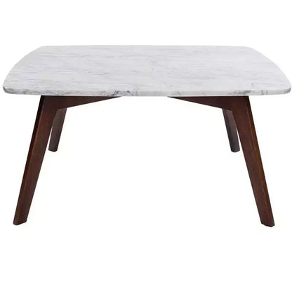 Mesa de centro cuadrada de mármol blanco Carrara italiano de 31" con patas de madera de olmo de mediados de siglo
