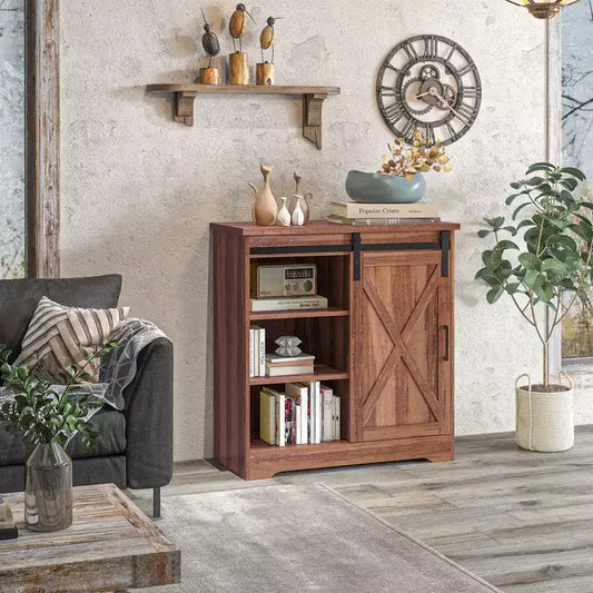 Mueble para cafetera estilo rústico, aparador de 84 cm con puerta corredera de granero y estante ajustable