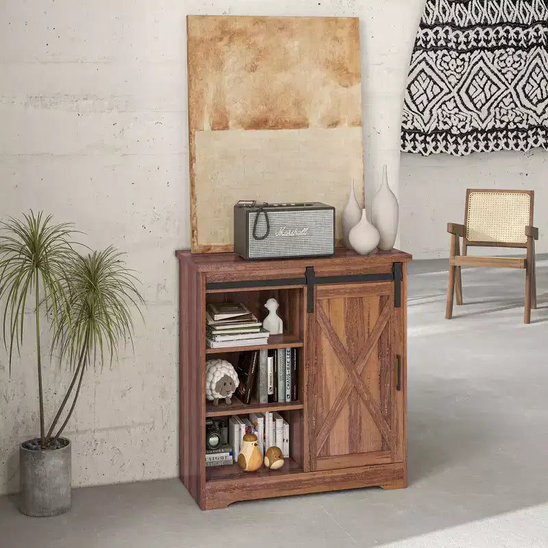 Mueble para cafetera estilo rústico, aparador de 84 cm con puerta corredera de granero y estante ajustable