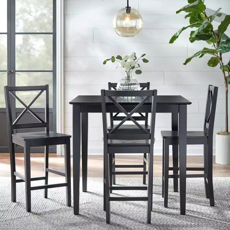 Mesa de comedor cuadrada a la altura de la encimera, 38"x38", estructura de madera maciza, acabado negro, para 4 personas