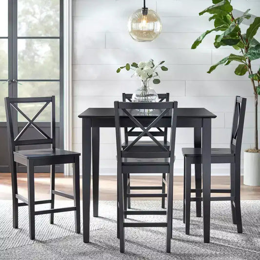 Mesa de comedor cuadrada a la altura de la encimera, 38"x38", estructura de madera maciza, acabado negro, para 4 personas