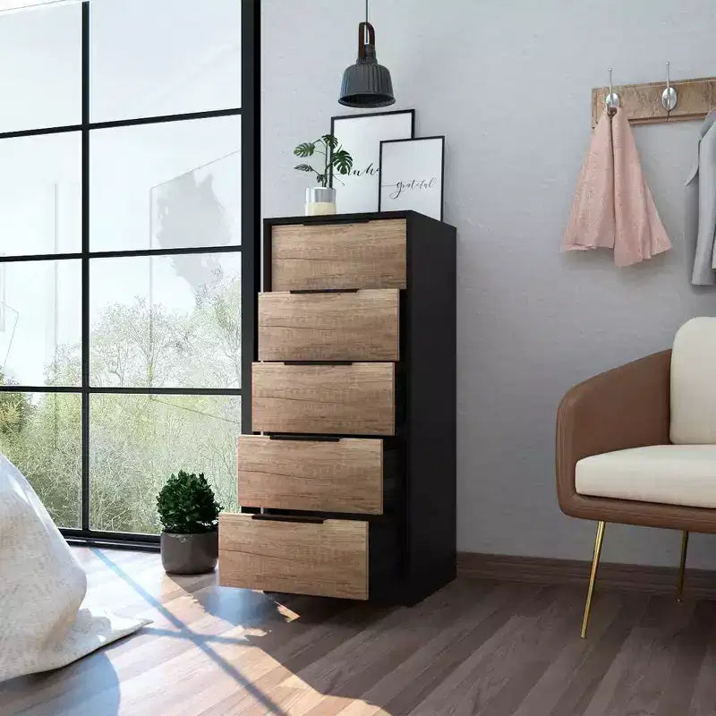Cómoda alta de 5 cajones, laminado de madera, acabado pintado, herrajes antivuelco, 106,7 cm de alto