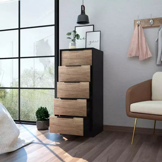 Cómoda alta de 5 cajones, laminado de madera, acabado pintado, herrajes antivuelco, 106,7 cm de alto