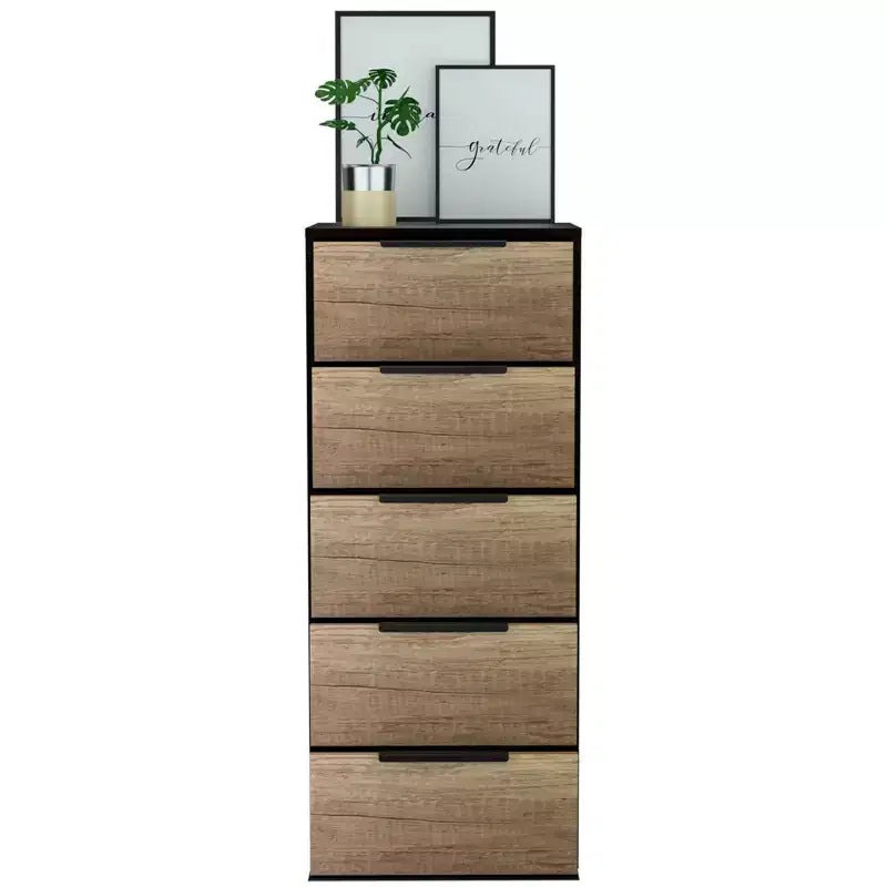 Cómoda alta de 5 cajones, laminado de madera, acabado pintado, herrajes antivuelco, 106,7 cm de alto
