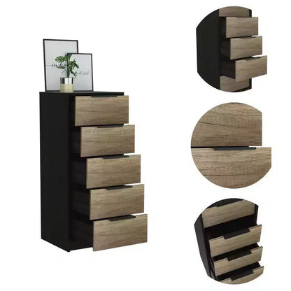 Cómoda alta de 5 cajones, laminado de madera, acabado pintado, herrajes antivuelco, 106,7 cm de alto