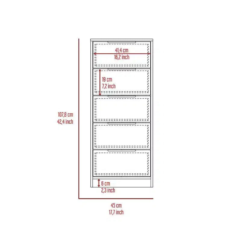 Cómoda alta de 5 cajones, laminado de madera, acabado pintado, herrajes antivuelco, 106,7 cm de alto