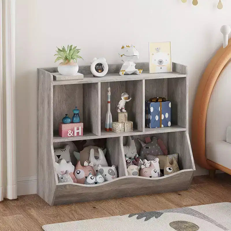 Estantería para libros y organizador de juguetes para niños, gabinete con 5 cubículos, MDF blanco, antivuelco, 36"W