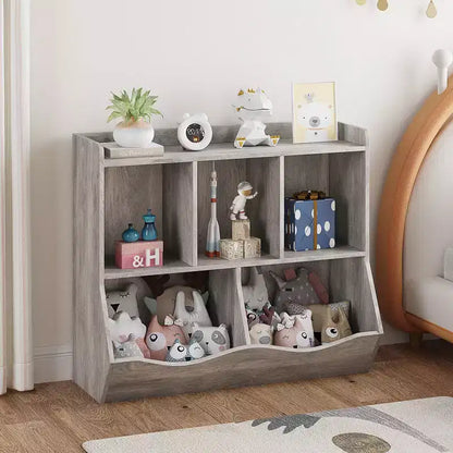 Estantería para libros y organizador de juguetes para niños, gabinete con 5 cubículos, MDF blanco, antivuelco, 36"W