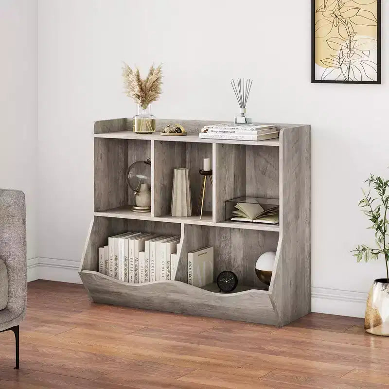 Estantería para libros y organizador de juguetes para niños, gabinete con 5 cubículos, MDF blanco, antivuelco, 36"W