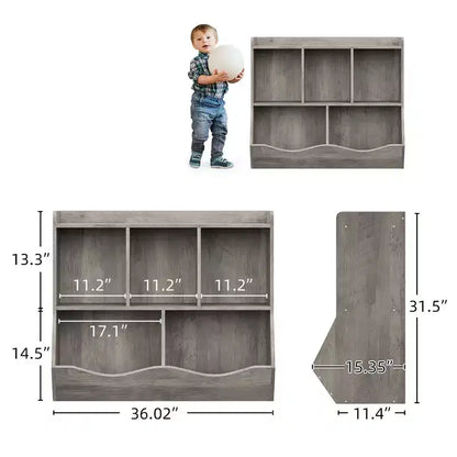 Estantería para libros y organizador de juguetes para niños, gabinete con 5 cubículos, MDF blanco, antivuelco, 36"W