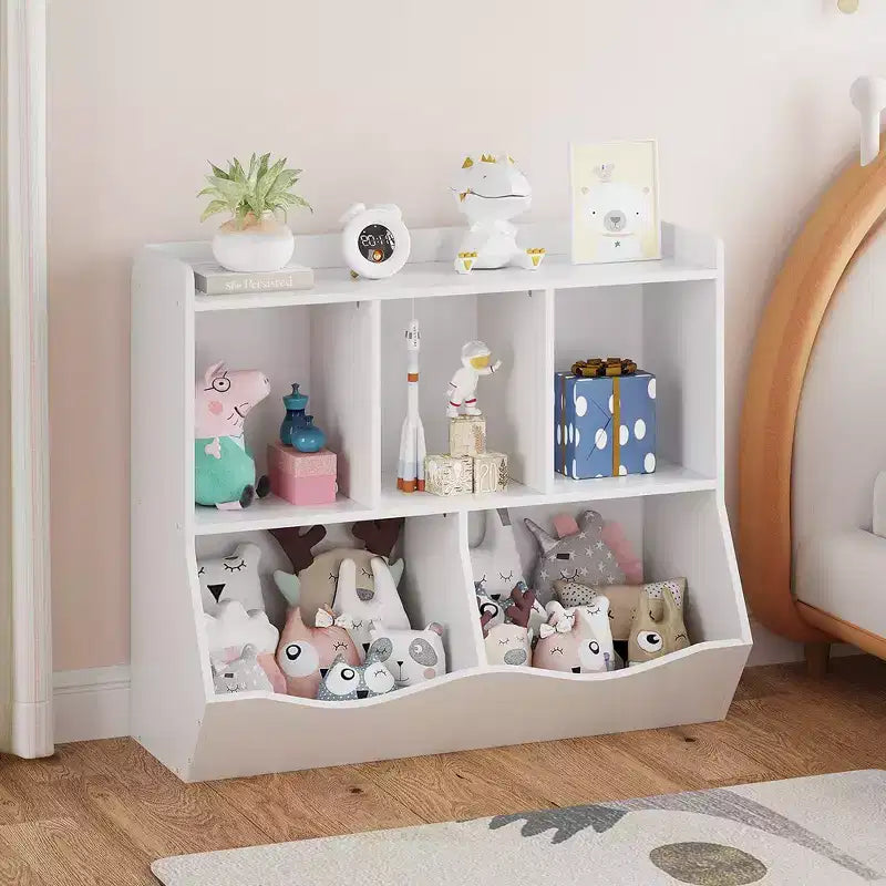 Estantería para libros y organizador de juguetes para niños, gabinete con 5 cubículos, MDF blanco, antivuelco, 36"W