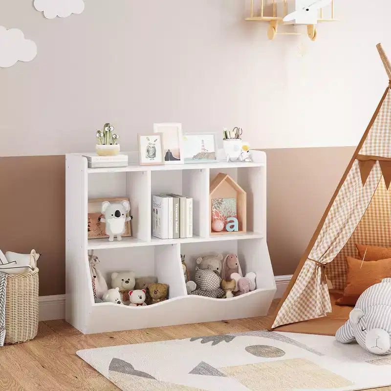 Estantería para libros y organizador de juguetes para niños, gabinete con 5 cubículos, MDF blanco, antivuelco, 36"W