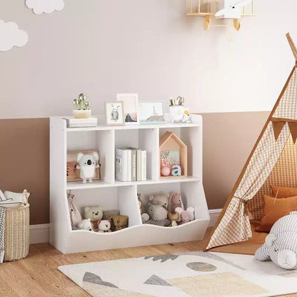 Estantería para libros y organizador de juguetes para niños, gabinete con 5 cubículos, MDF blanco, antivuelco, 36"W