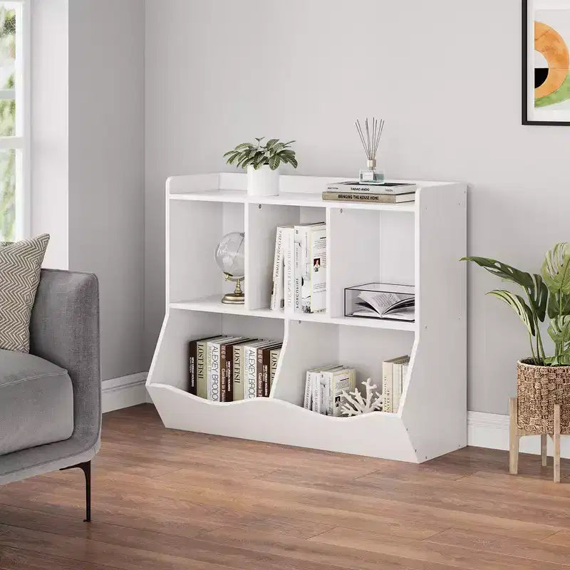 Estantería para libros y organizador de juguetes para niños, gabinete con 5 cubículos, MDF blanco, antivuelco, 36"W