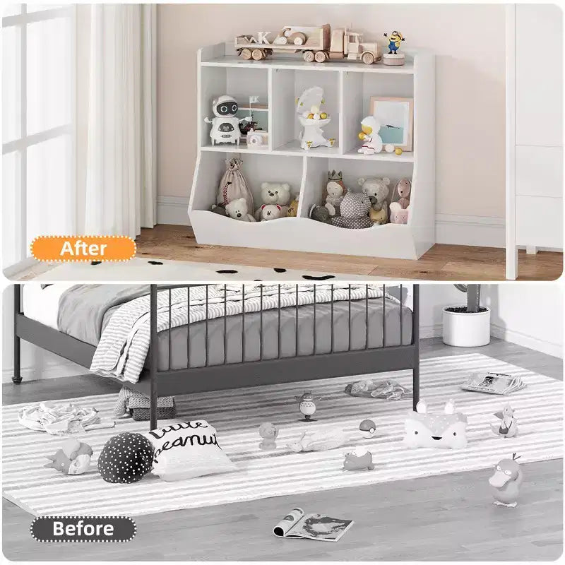 Estantería para libros y organizador de juguetes para niños, gabinete con 5 cubículos, MDF blanco, antivuelco, 36"W