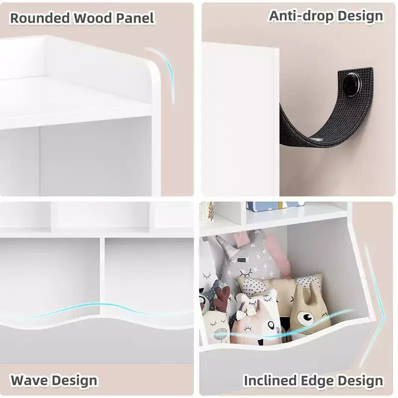 Estantería para libros y organizador de juguetes para niños, gabinete con 5 cubículos, MDF blanco, antivuelco, 36"W