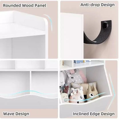 Estantería para libros y organizador de juguetes para niños, gabinete con 5 cubículos, MDF blanco, antivuelco, 36"W