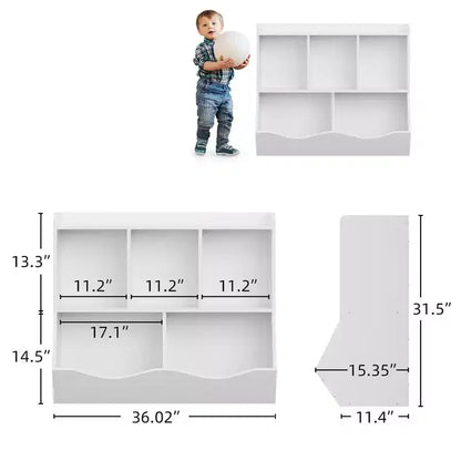 Estantería para libros y organizador de juguetes para niños, gabinete con 5 cubículos, MDF blanco, antivuelco, 36"W
