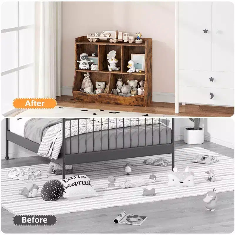 Estantería para libros y organizador de juguetes para niños, gabinete con 5 cubículos, MDF blanco, antivuelco, 36"W