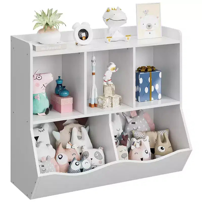 Estantería para libros y organizador de juguetes para niños, gabinete con 5 cubículos, MDF blanco, antivuelco, 36"W