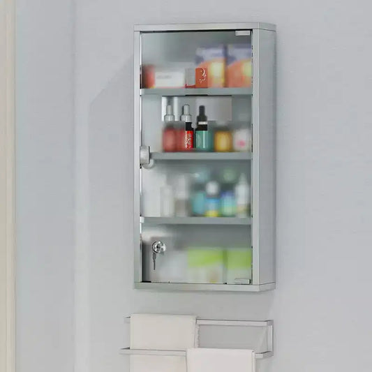 Botiquín con Cerradura para Colgar en la Pared, 30x60cm, Acero Inoxidable, 3 Estantes, Vidrio Esmerilado, Primeros Auxilios