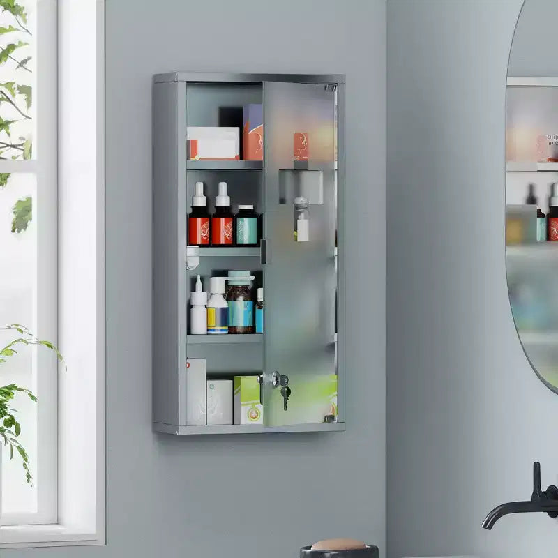 Botiquín con Cerradura para Colgar en la Pared, 30x60cm, Acero Inoxidable, 3 Estantes, Vidrio Esmerilado, Primeros Auxilios