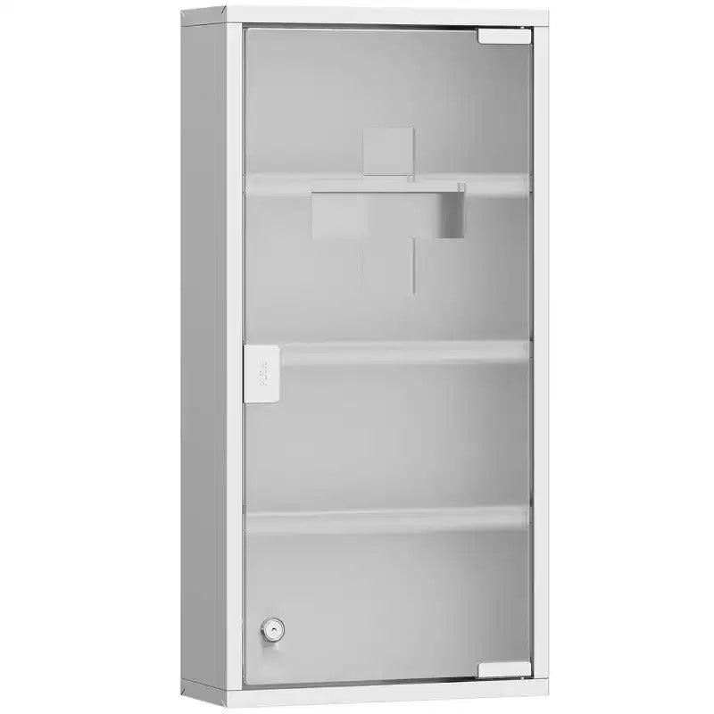 Botiquín con Cerradura para Colgar en la Pared, 30x60cm, Acero Inoxidable, 3 Estantes, Vidrio Esmerilado, Primeros Auxilios