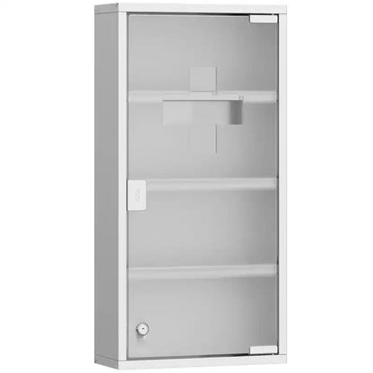 Botiquín con Cerradura para Colgar en la Pared, 30x60cm, Acero Inoxidable, 3 Estantes, Vidrio Esmerilado, Primeros Auxilios