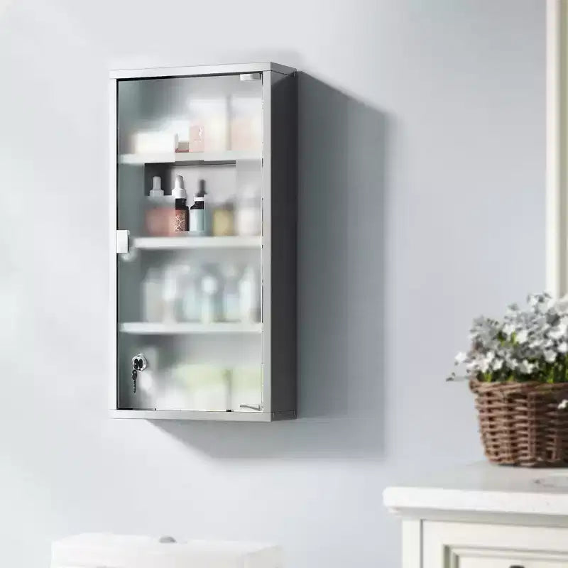 Botiquín con Cerradura para Colgar en la Pared, 30x60cm, Acero Inoxidable, 3 Estantes, Vidrio Esmerilado, Primeros Auxilios