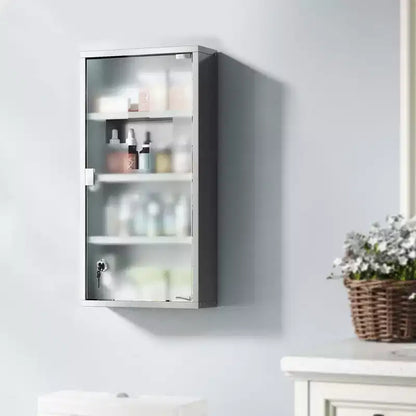 Botiquín con Cerradura para Colgar en la Pared, 30x60cm, Acero Inoxidable, 3 Estantes, Vidrio Esmerilado, Primeros Auxilios