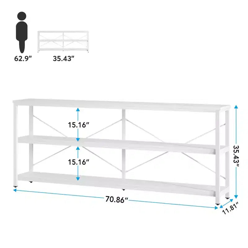 Mesa de centro/consola de 70.9" con 3 niveles, MDF y patas de metal, barra transversal en X, marrón, estantes abiertos