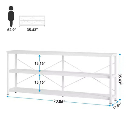 Mesa de centro/consola de 70.9" con 3 niveles, MDF y patas de metal, barra transversal en X, marrón, estantes abiertos