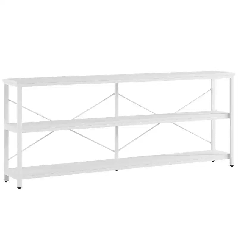 Mesa de centro/consola de 70.9" con 3 niveles, MDF y patas de metal, barra transversal en X, marrón, estantes abiertos