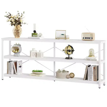 Mesa de centro/consola de 70.9" con 3 niveles, MDF y patas de metal, barra transversal en X, marrón, estantes abiertos