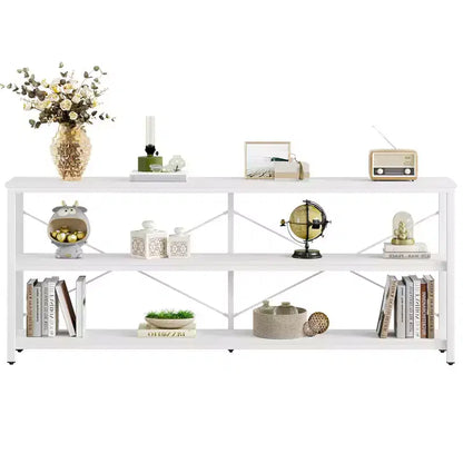 Mesa de centro/consola de 70.9" con 3 niveles, MDF y patas de metal, barra transversal en X, marrón, estantes abiertos
