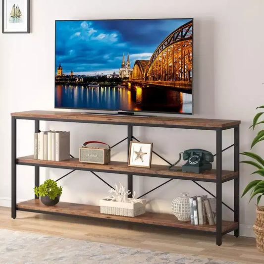 Mesa de centro/consola de 70.9" con 3 niveles, MDF y patas de metal, barra transversal en X, marrón, estantes abiertos