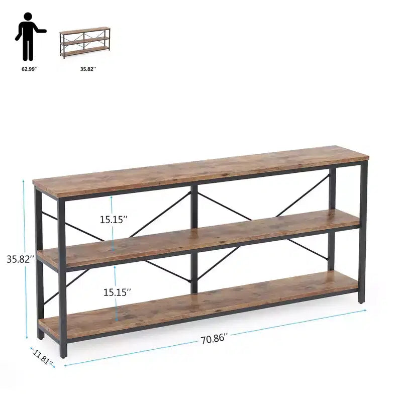 Mesa de centro/consola de 70.9" con 3 niveles, MDF y patas de metal, barra transversal en X, marrón, estantes abiertos