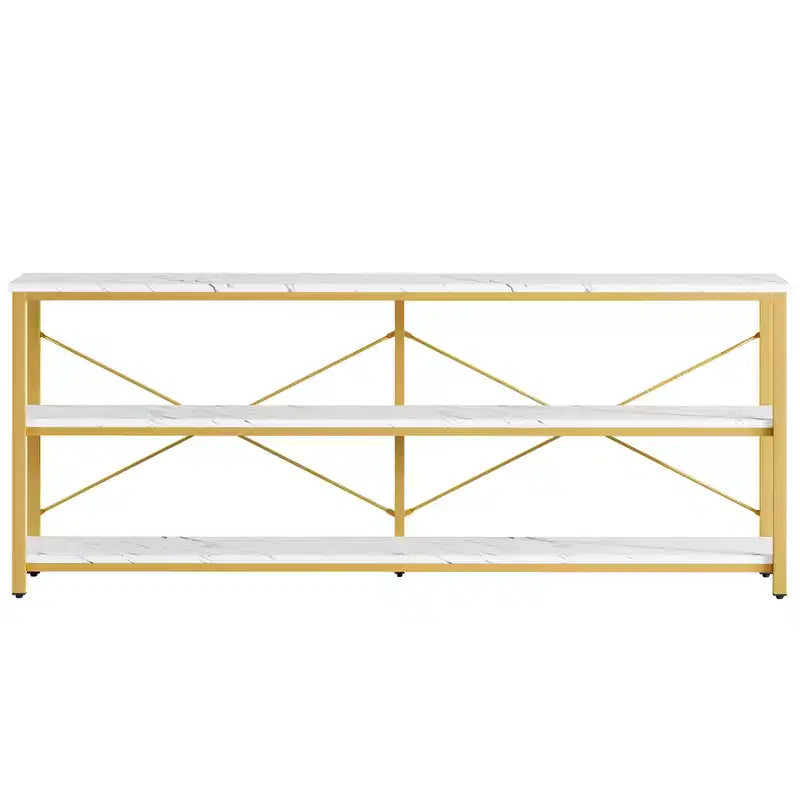 Mesa de centro/consola de 70.9" con 3 niveles, MDF y patas de metal, barra transversal en X, marrón, estantes abiertos