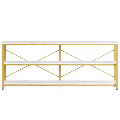Mesa de centro/consola de 70.9" con 3 niveles, MDF y patas de metal, barra transversal en X, marrón, estantes abiertos